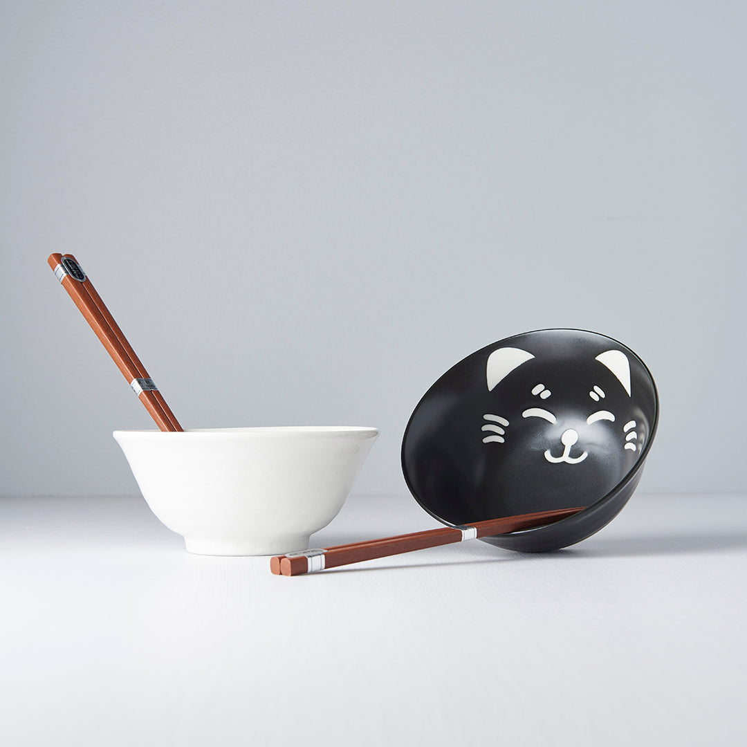 Bowl Set 2pcs with Chopsticks Cat Face Design