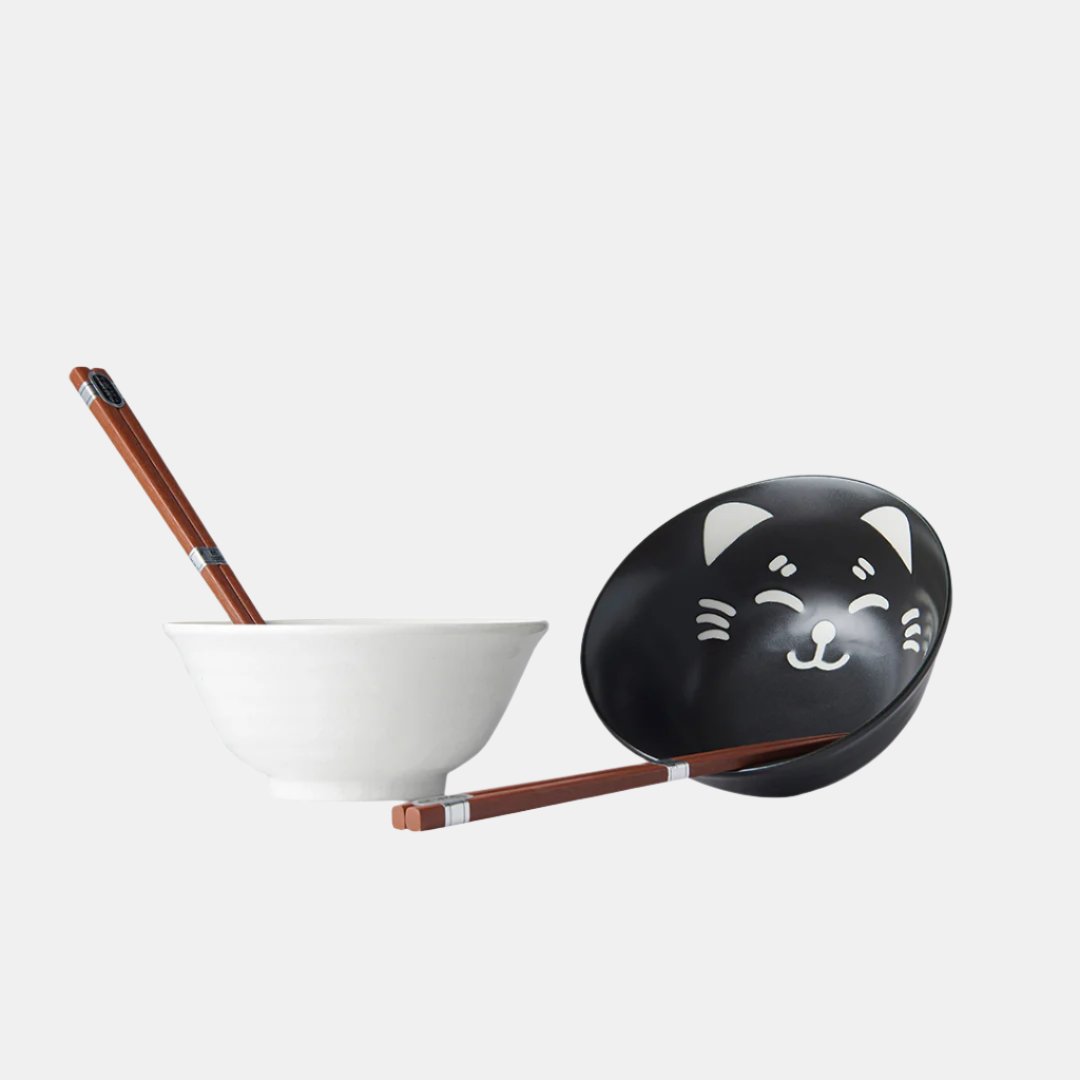Bowl Set 2pcs with Chopsticks Cat Face Design