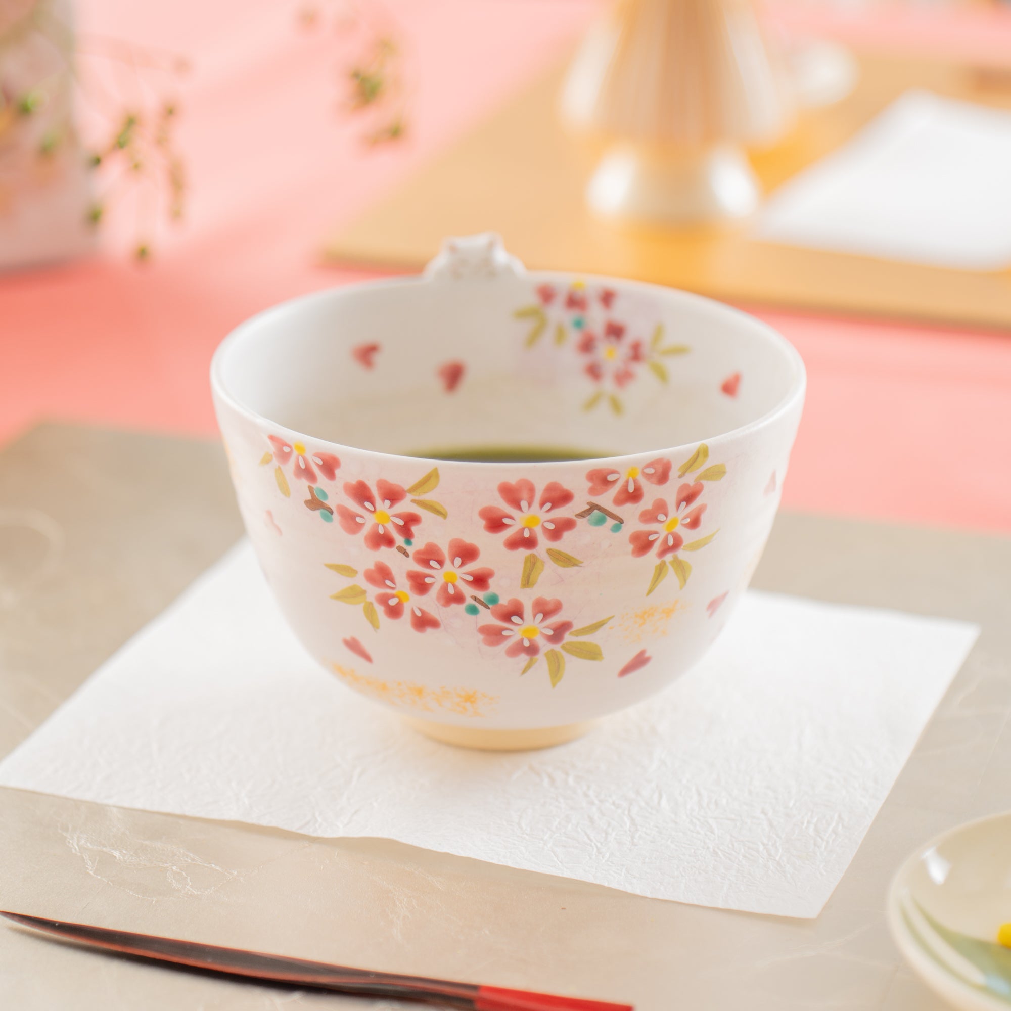 Sakura and Peeking Cat Matcha Bowl