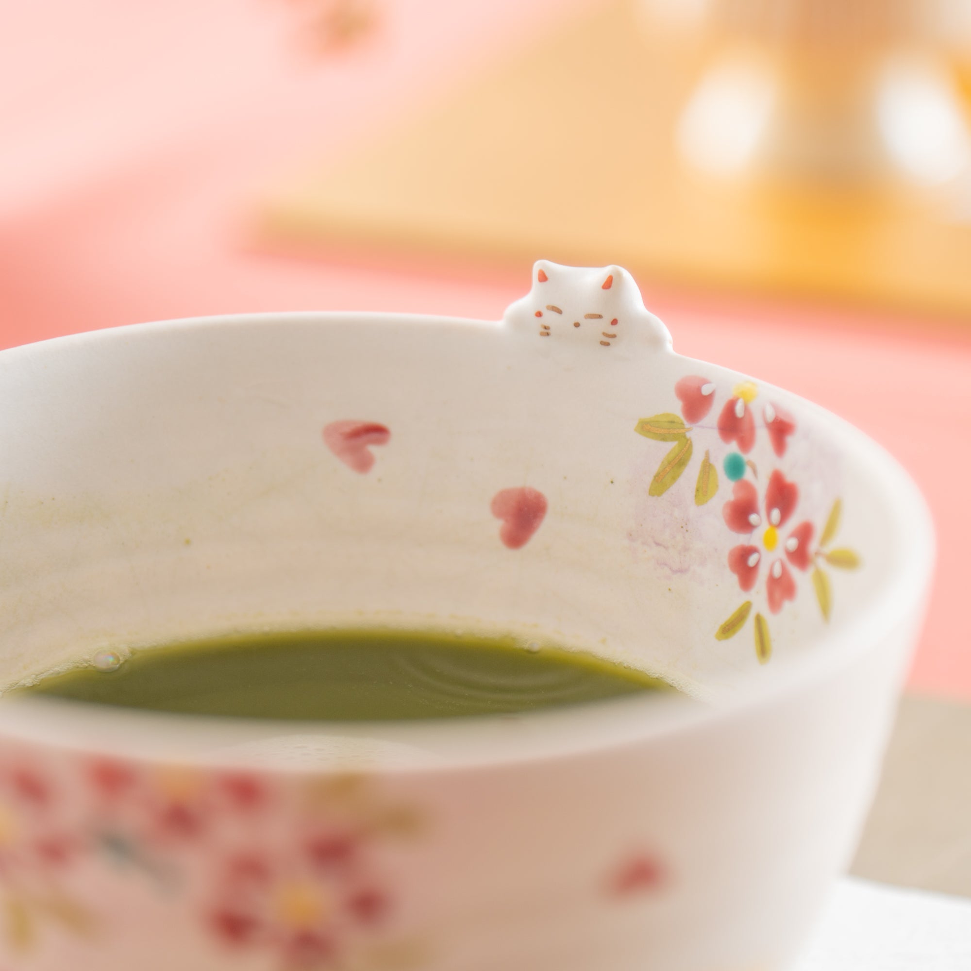 Sakura and Peeking Cat Matcha Bowl
