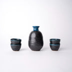 Sake Set for Four 280ml Black Bright Blue Drip Glaze