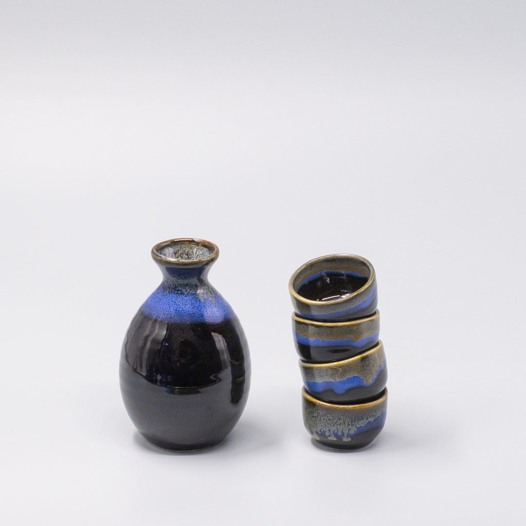 Sake Set for Four 330ml Black Blue Glaze
