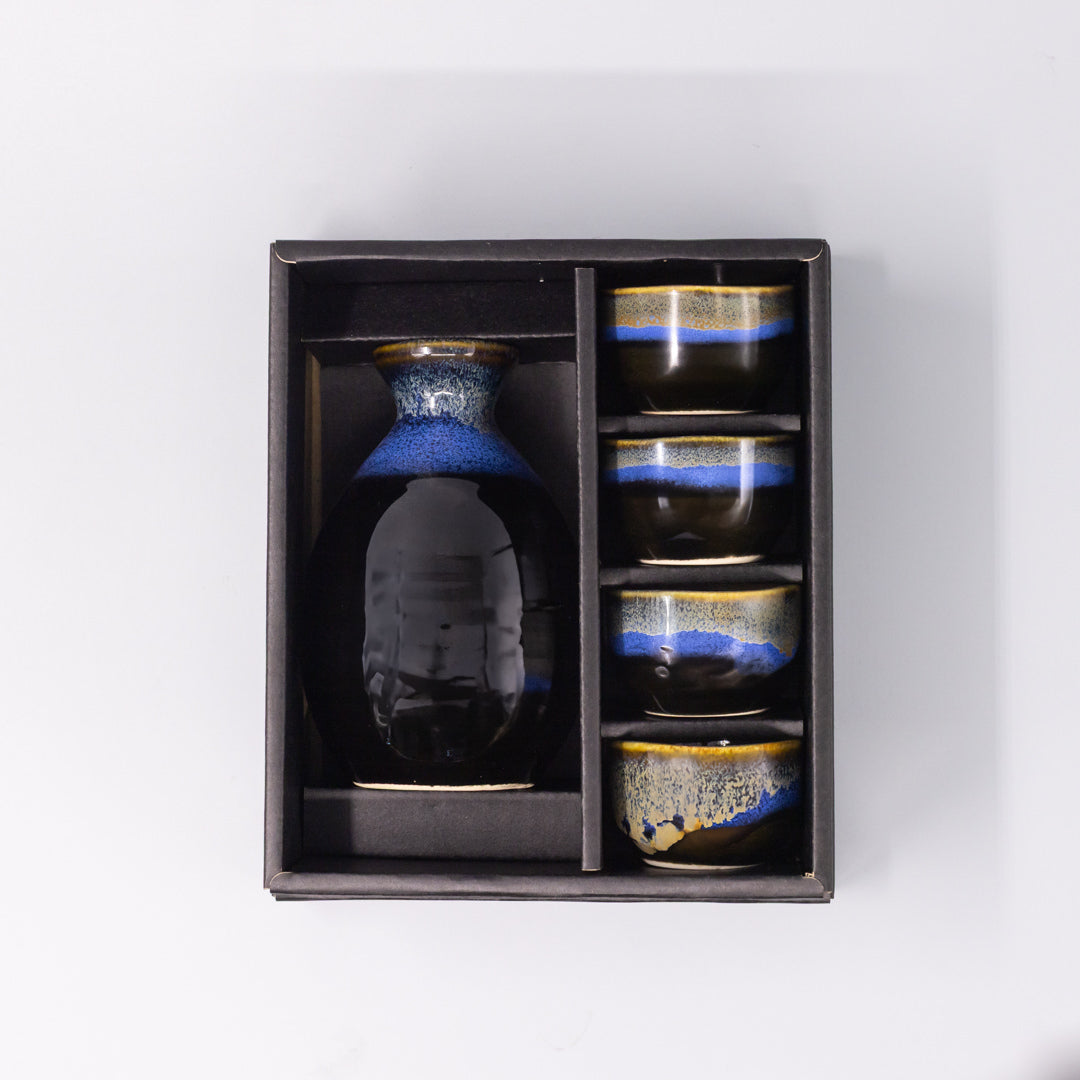 Sake Set for Four 330ml Black Blue Glaze