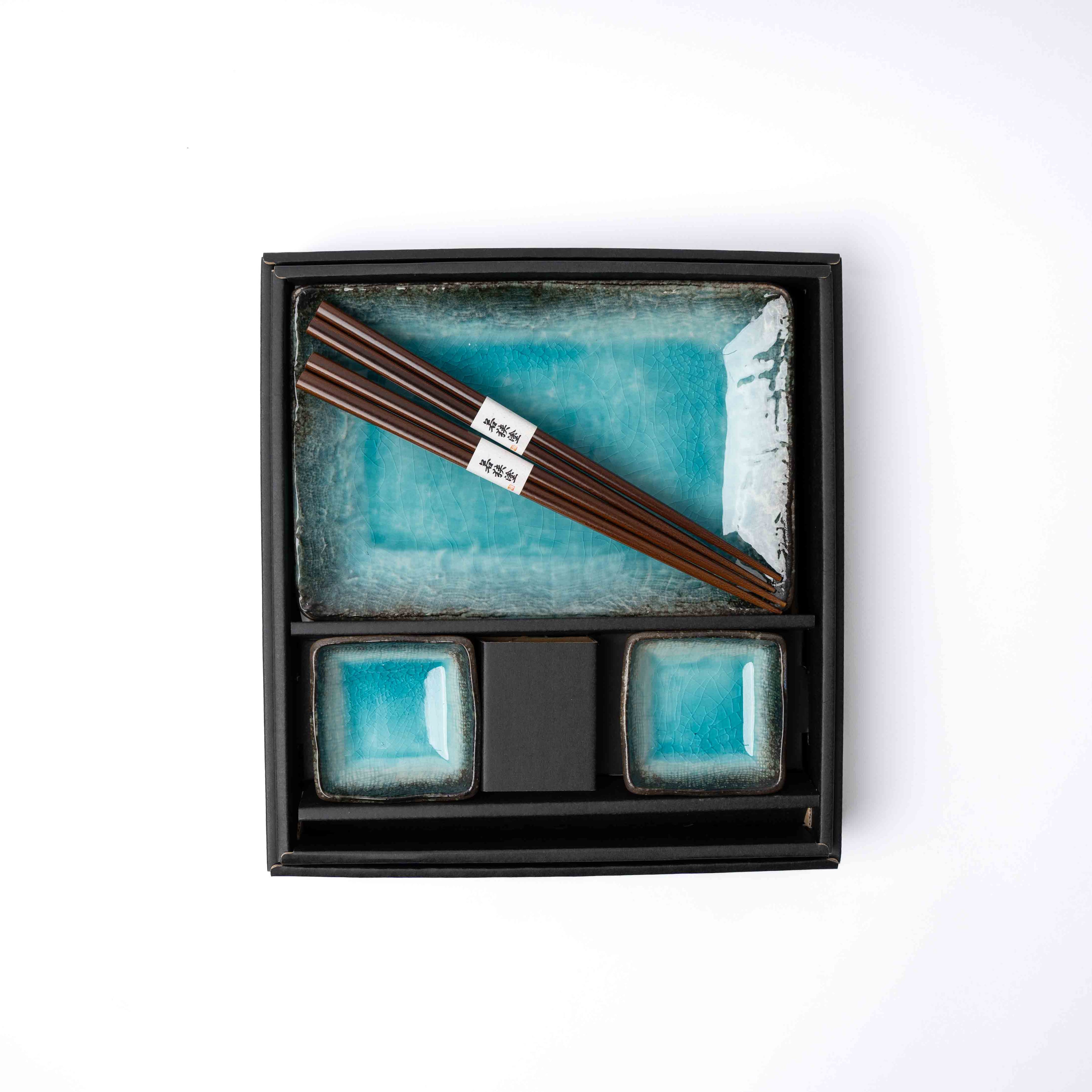 Sushi Set for Two with Chopsticks Sky Blue Glaze
