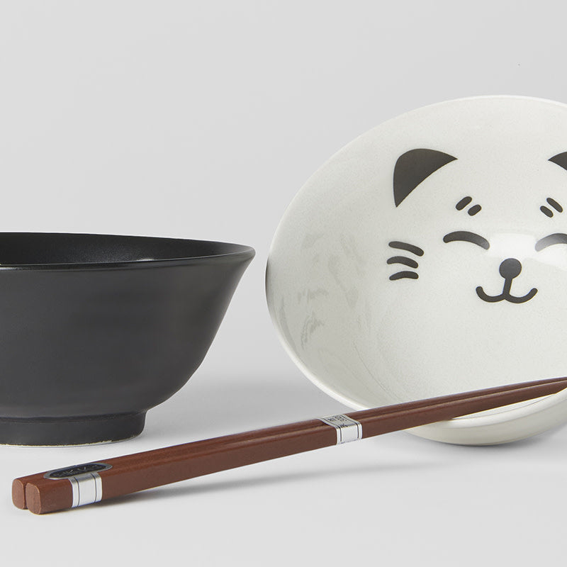 Bowl Set 2pcs with Chopsticks Cat Face Design
