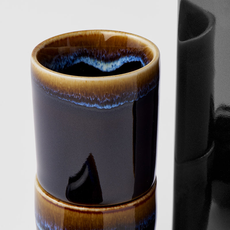 Sake Set 5pcs Tenmokku With Bright Blue Glaze