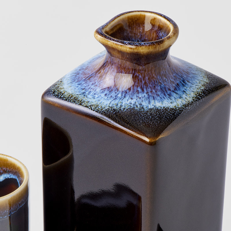 Sake Set 5pcs Tenmokku With Bright Blue Glaze