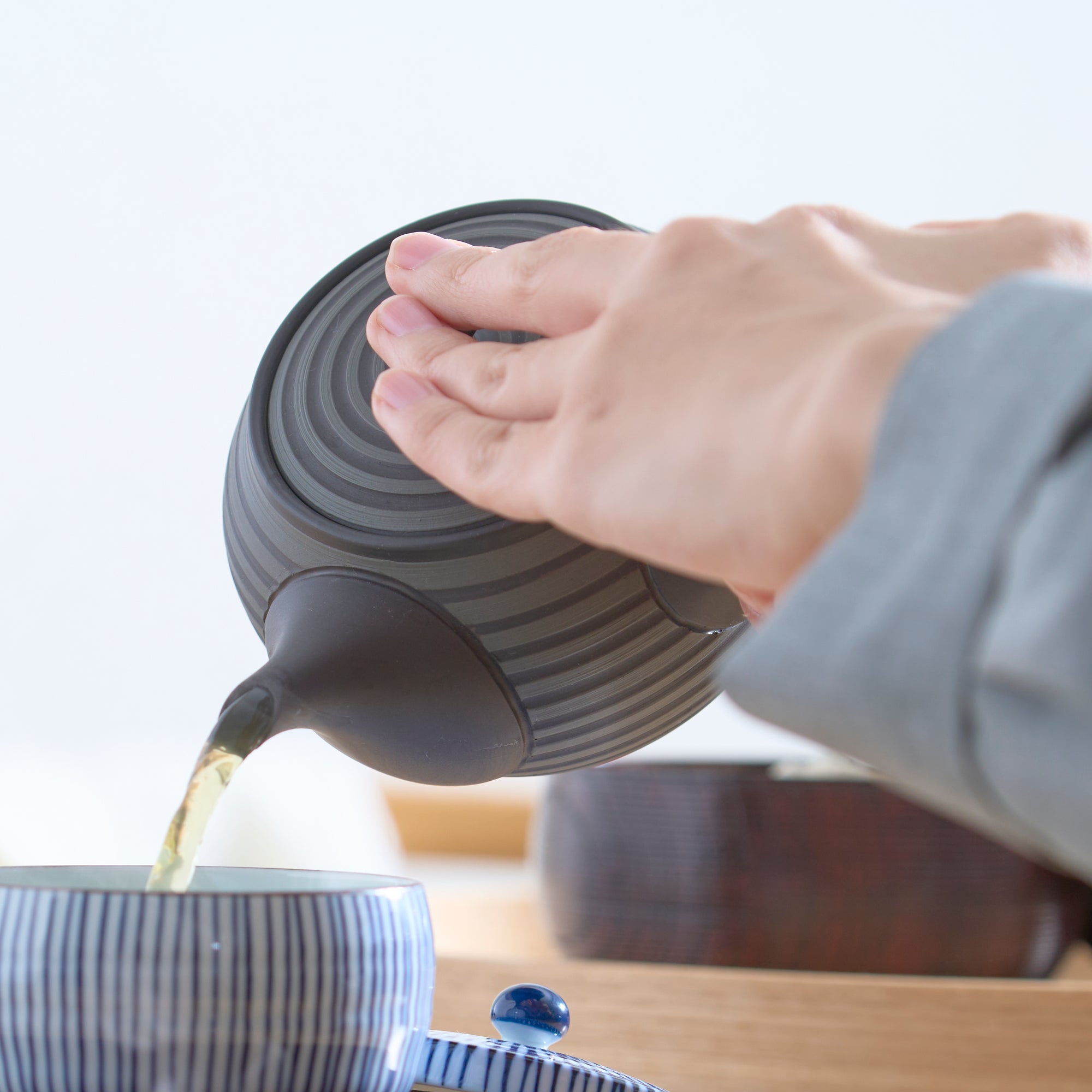 Circular Stripe Patterned Black Japanese Teapot